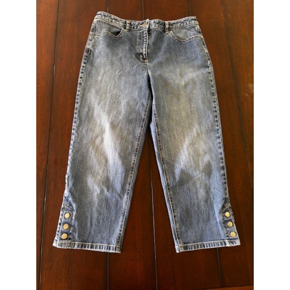 Talbots Women Size 10 Cropped Denim Jeans Blue Capri Pants‎ Button Hem Stretch